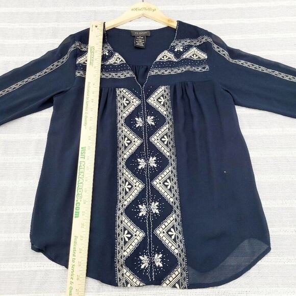 MM Couture by Miss Me Midnight Blue Art Deco Style Beaded Blouse Size Small - Picture 6 of 13